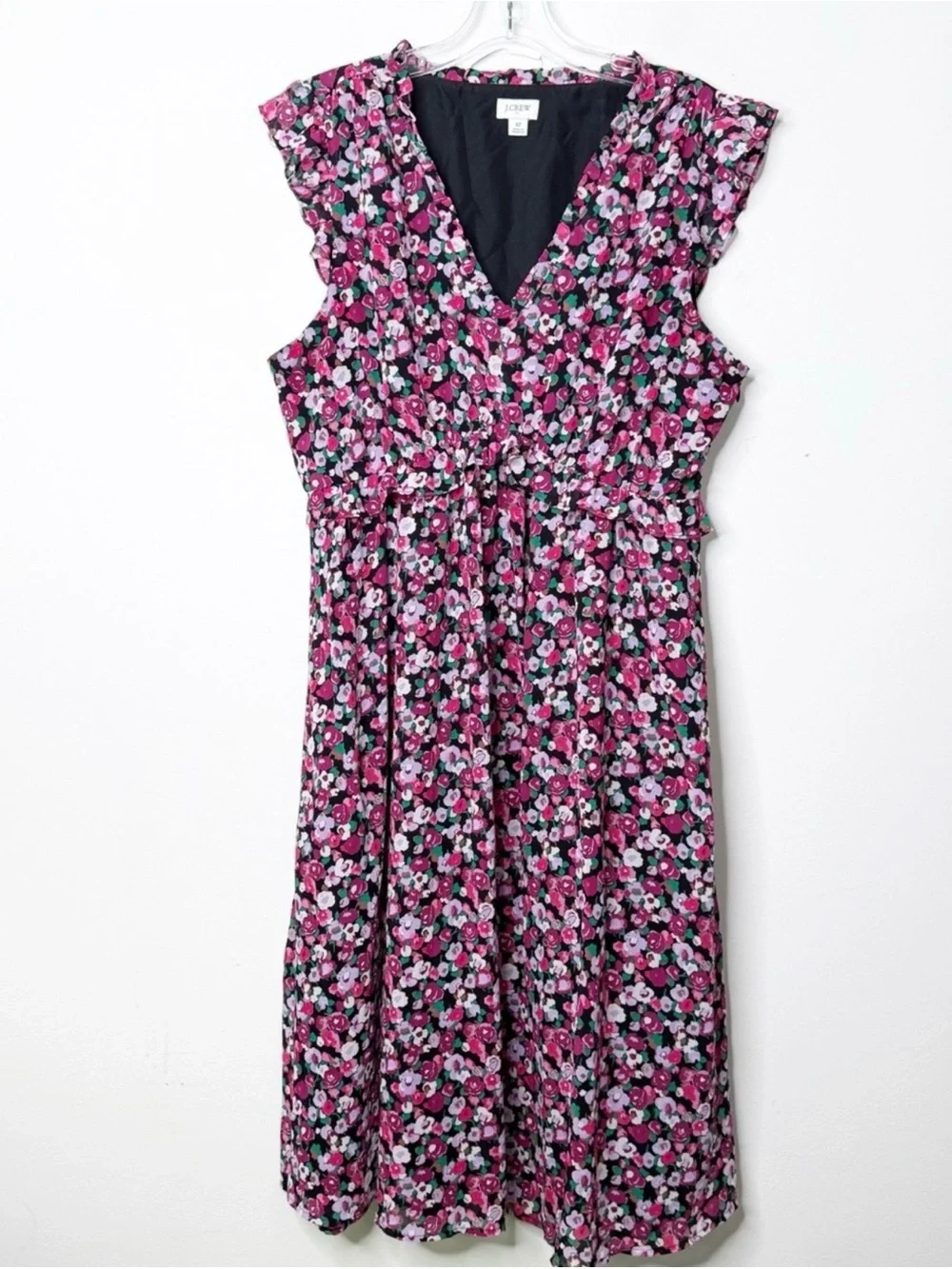 J. CREW Floral Print Ruffle Cap Sleeve V-Neck Midi Dress Sz. 12 Cottagecore